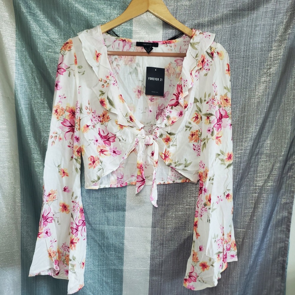 Floral Romantic Renaissance Tie Front‎ Crop Top Ivory Pink Orange Bell Sleeve  L